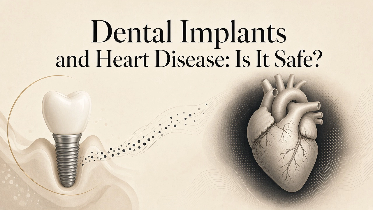 Minimal cream and black cover image about whether dental implants are safe for people with heart disease