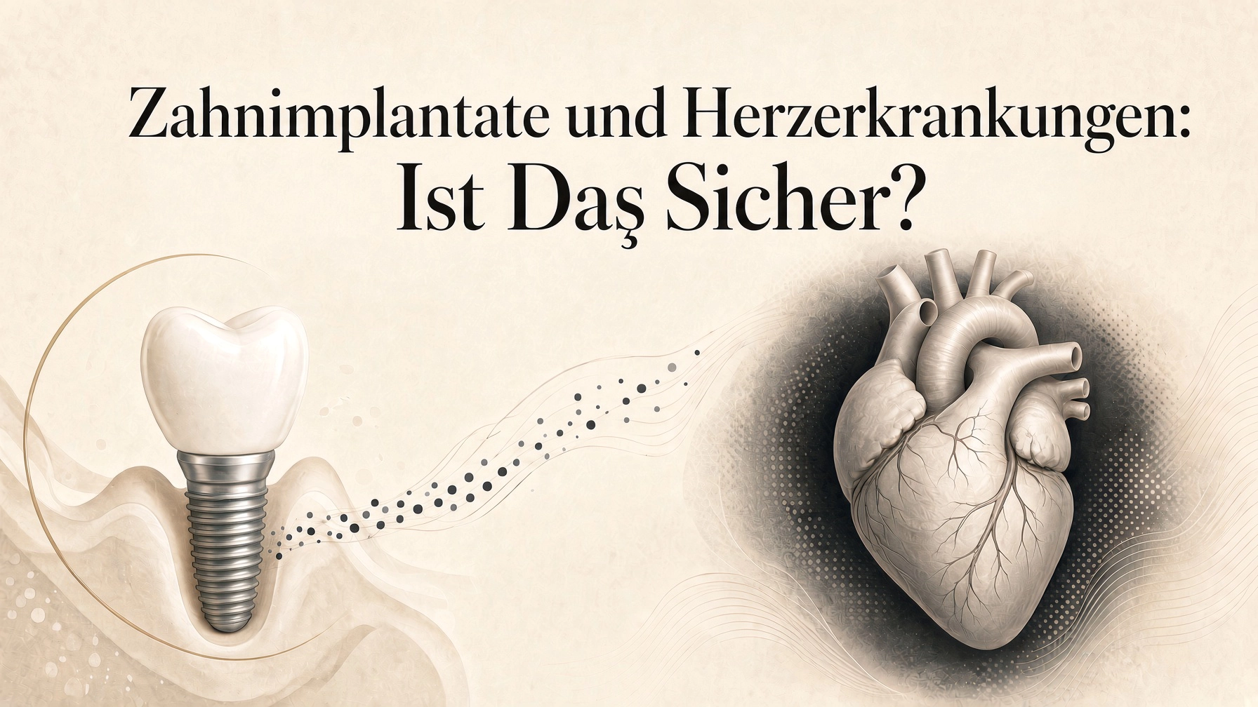 Minimalistisches Titelbild in Creme und Schwarz dazu, ob Zahnimplantate bei einer Herzerkrankung sicher sind